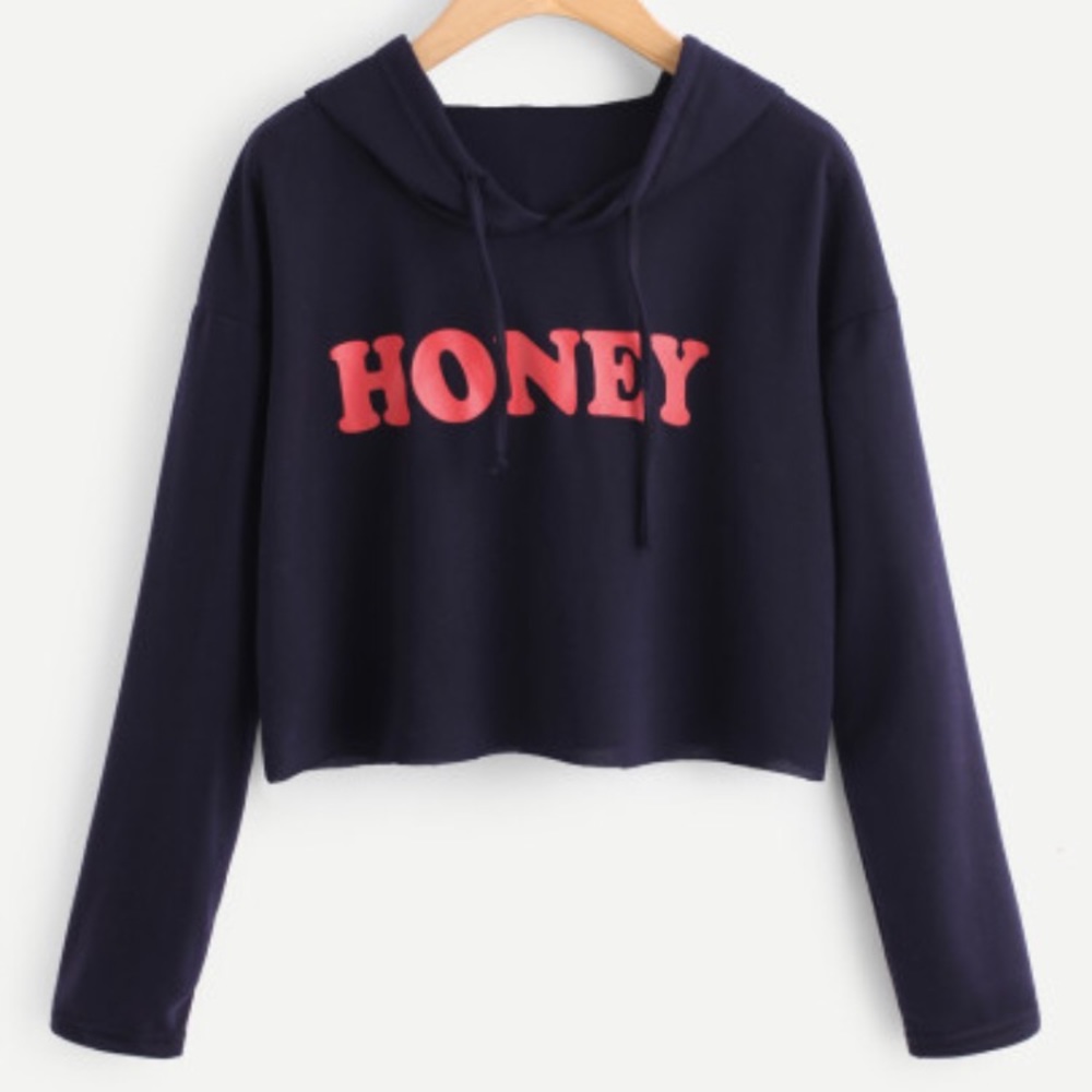Letter Print Raw Hem Crop Hoodie